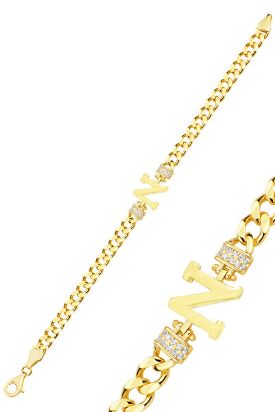 Söğütlü Silver Gümüş altın yaldızlı zirkon taşlı üç boyutlu gurmet zincirli N harf bileklik SGTL12300GOLD-N