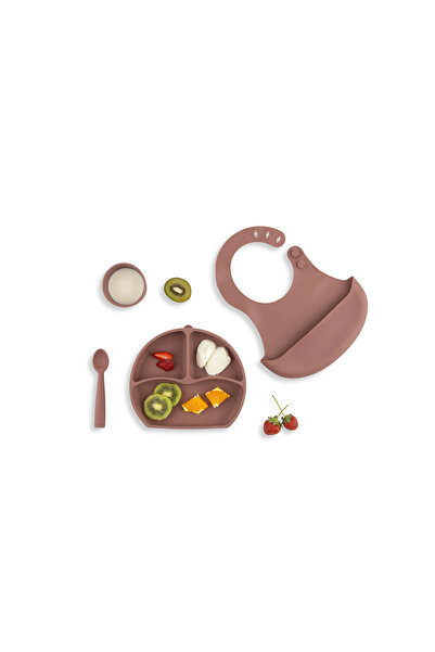 Babyjem Mocha Silicone Feeding Set - Bib, Plate, Cup and Spoon Bpa Free