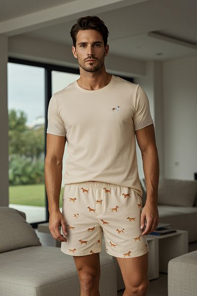 Trendyol Collection Ανδρικό σετ πλεκτό σορτς με στάμπα μπεζ κανονική εφαρμογή THMSS21PT0920