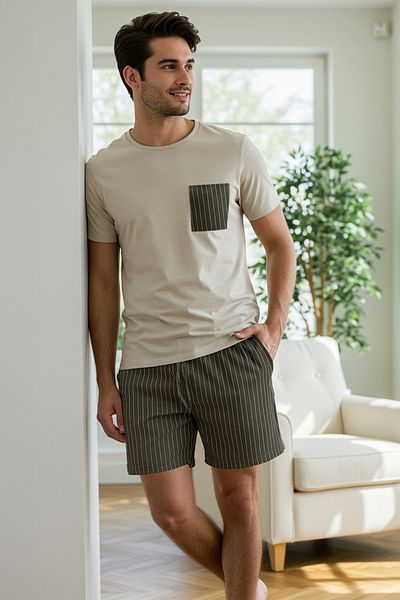 Trendyol Collection Béžové a khaki pruhované pletené šortky Regular Fit Sada pyžama - Tmnss25Pt00036