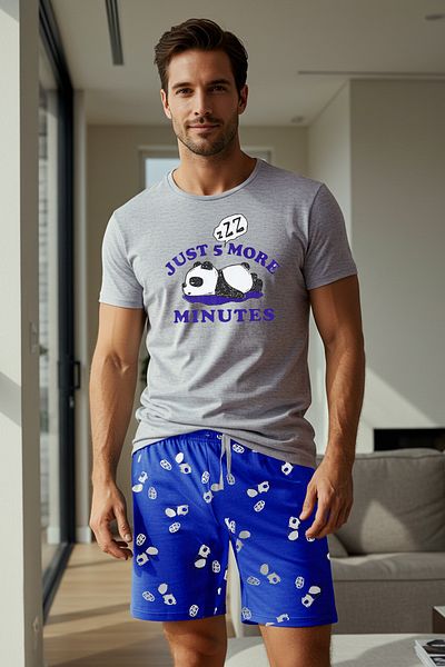 Trendyol Collection Šedá sada pleteného pyžama Slim Fit Fit Panda Print s šortkami TMNSS25PT00063