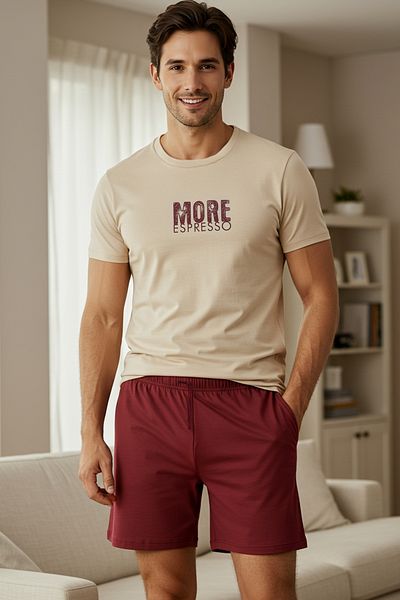 Trendyol Collection Μπεζ - Σετ πιτζάμες με κανονική εφαρμογή με εμπριμέ πλεκτό σορτς TMNSS25PT00032