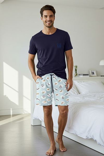 Trendyol Collection Σετ πιτζάμες με πλεκτό σορτς Navy Blue Regular Fit με σχέδιο σκύλου TMNSS25PT00010