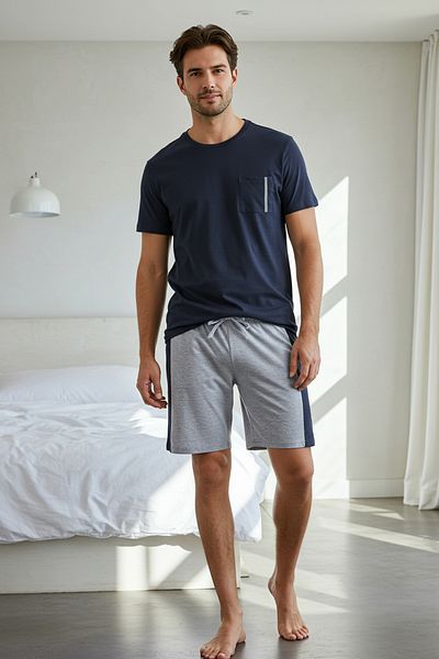 Trendyol Collection Marineblaues Shorts-Pyjama-Set mit regulärer Passform und Strickpaneelen – TMNSS25PT00035