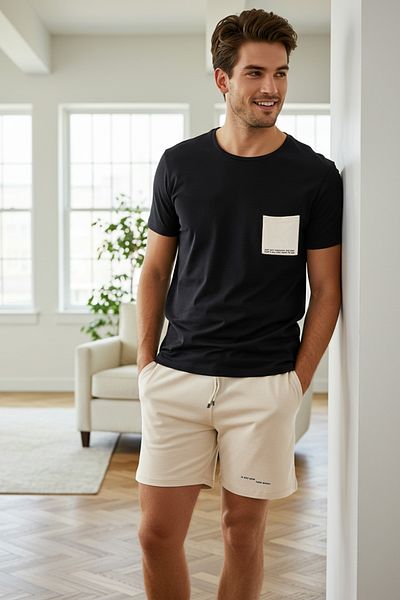 Trendyol Collection Σετ πιτζάμες με εμπριμέ μαύρη πέτρα σε κανονική εφαρμογή με πλεκτό σορτς - TMNSS25PT00009