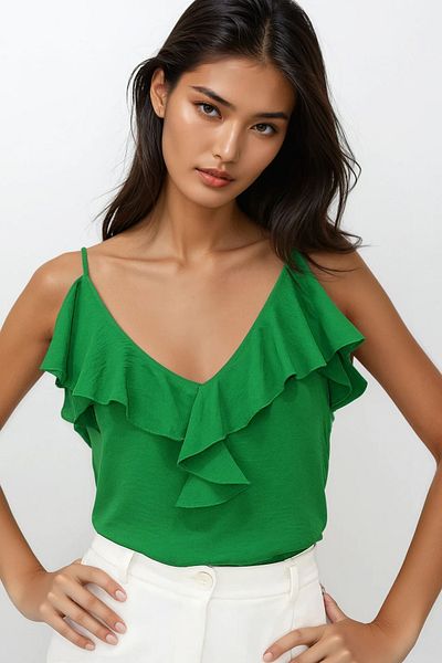 Trend Alaçatı Stili Women's Green Adjustable Strap Front Ruffle Aerobin Blouse Alc-X14182