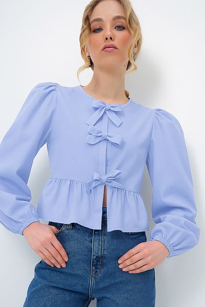 Trend Alaçatı Stili Damen-Bluse aus Popeline mit Rundhalsausschnitt und Schleife, Prinzessinnenärmeln, Flieder, ALC-X13375