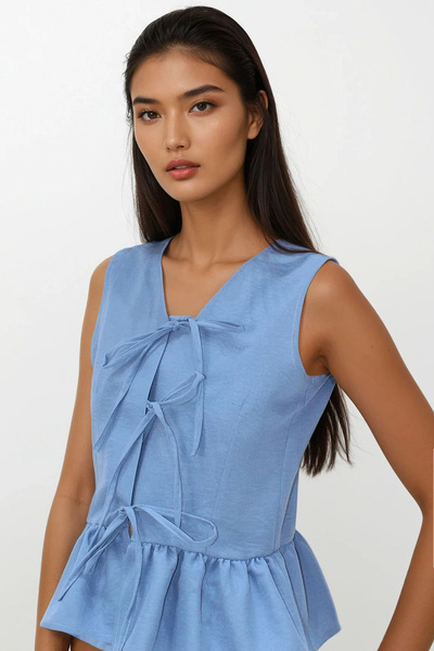 Trend Alaçatı Stili Γυναικεία Airman Blue V λαιμόκοψη Φιόγκος Λεπτομερής φούστα με βολάν Aerobin Μπλούζα ALC-X14179