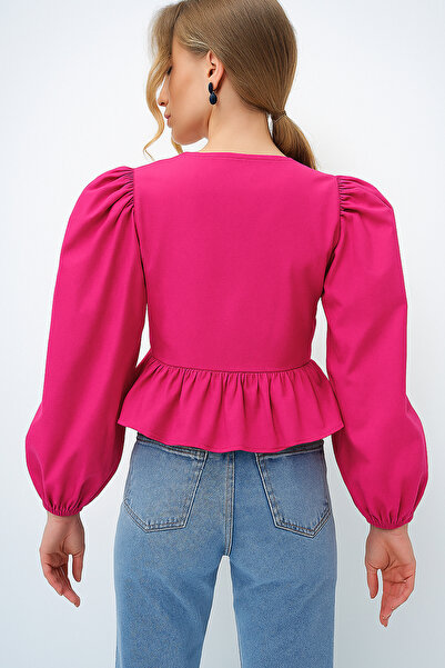 Trend Alaçatı Stili Női fukszia nyakú masni megkötős hercegnő ujjú poplin blúz ALC-X13375