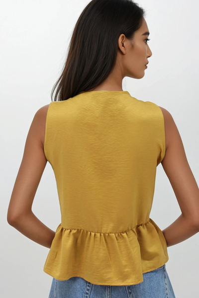 Trend Alaçatı Stili Women's Mustard V-Neck Bow Detailed Skirt Flounced Aerobin Blouse Alc-X14179