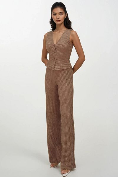 Trend Alaçatı Stili Women's Milk Coffee V-Neck Buttoned Vest and Pants Suit Alc-X13583