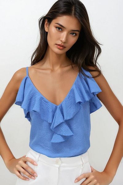 Trend Alaçatı Stili Indigoblauer Aerobin-Blusen für Damen mit verstellbarem Träger und Rüschen vorne ALC-X14182