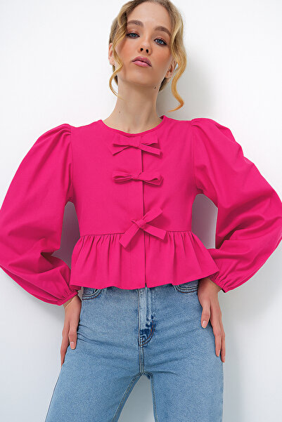 Trend Alaçatı Stili Női fukszia nyakú masni megkötős hercegnő ujjú poplin blúz ALC-X13375