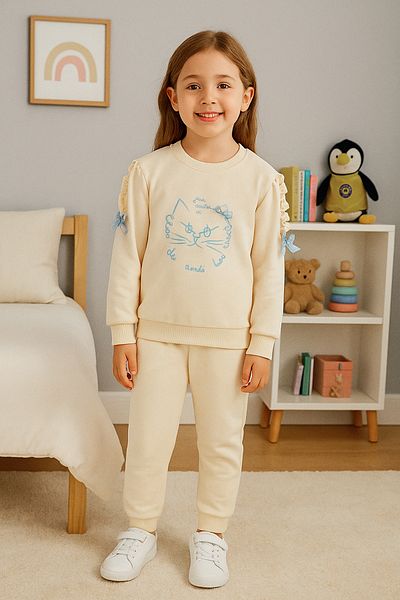 TRENDYOLKIDS Macska mintás bézs lány pizsama szett - kötött szett Tkdaw25au00077