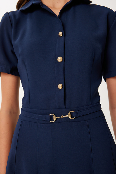 Happiness İstanbul Női sötétkék arany gombos mini szőtt ruha VW00005