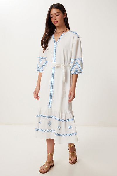 Happiness İstanbul Women's White Embroidery Embroidered Flounced Summer Linen Dress Rv00212