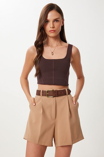 Happiness İstanbul Γυναικείο μίνι υφαντό σορτς Camel Pocket MX00233