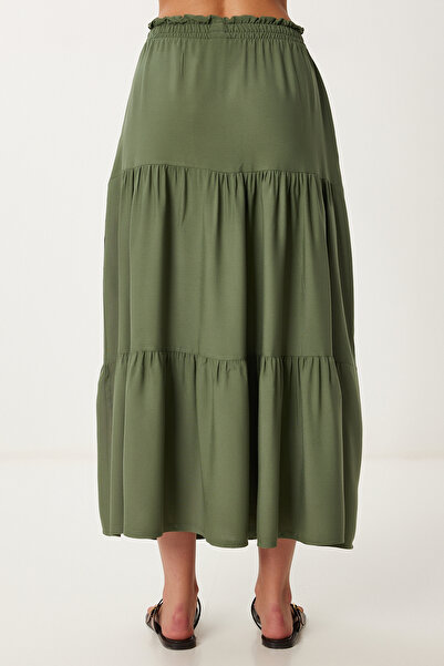 Happiness İstanbul Women's Khaki Flounced Summer Viscose Skirt En00644