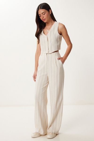 Happiness İstanbul Women's Cream Black Striped Linen Vest Pants Suit Bv00129