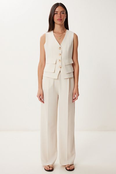 Happiness İstanbul Women's Cream Linen Vest Palazzo Pants Suit Bv00126