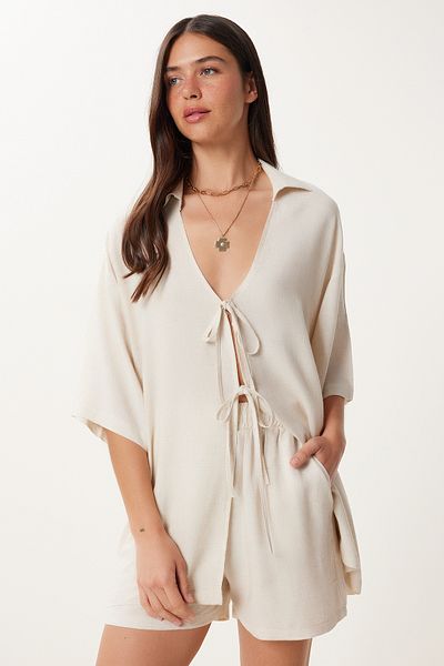Happiness İstanbul Women's Cream Binding Detailed Linen Bottom Top Set Gp00021