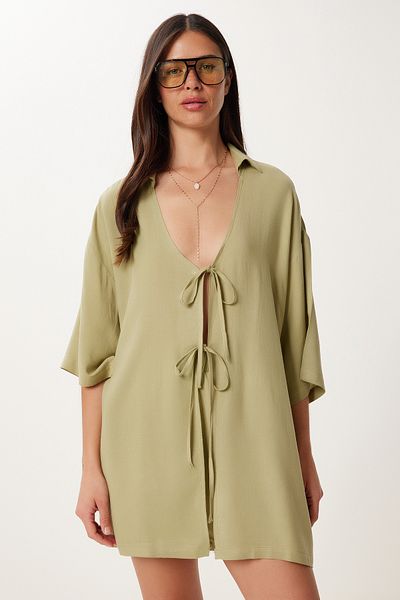 Happiness İstanbul Women's Olive Green Binding Detail Linen Bottom Top Set Gp00021
