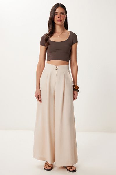 Happiness İstanbul Women's Cream Wide Leg Draped Woven Trousers Mx00223