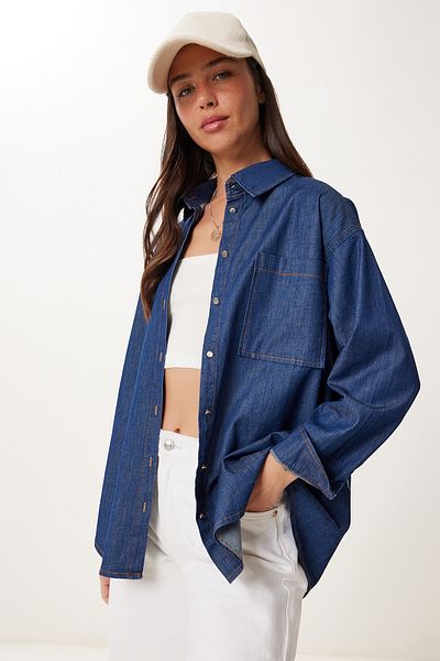 Happiness İstanbul Cămașă de damă din denim albastru închis cu buzunar MX00221