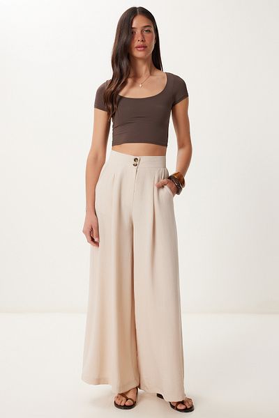 Happiness İstanbul Women's Cream Wide Leg Draped Woven Trousers Mx00223