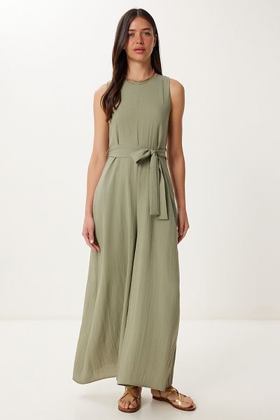 Happiness İstanbul Women's Khaki Belted Wide Leg Midi Woven Jumpsuit Mx00215