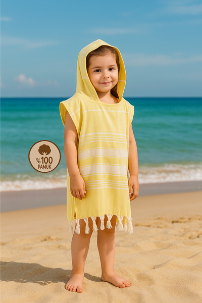 Formeya Çocuk Bornoz Panço Pamuk Plaj Havlusu Peştemal Sarı
