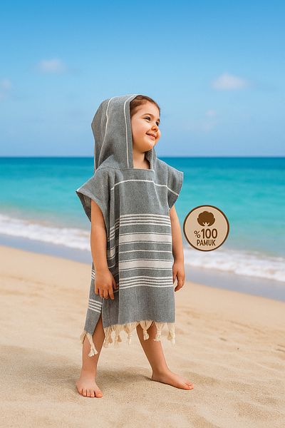 Formeya Kinder-Poncho, Strandtuch aus 100 % Baumwolle, Peshtemal-Grau