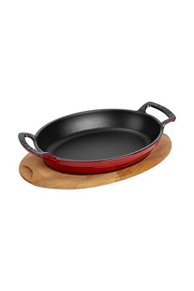Lava Cast Oval Pan Cast Iron Solid Double Handle Beech Serving Wood Size 27X20Cm.