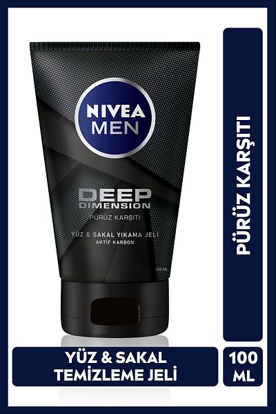 NIVEA Men's Face and Beard Cleansing Gel - Deep Dimension 100ml, Skin Purifying, Activated Carbon