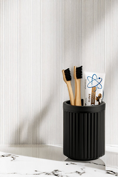 Sas Haus Lines Serisi Siyah Banyo Seti, 5 Parça Oval Akrilik 4 Litre Çöp Kovası, Sabunluk, Fırçalık Takımı