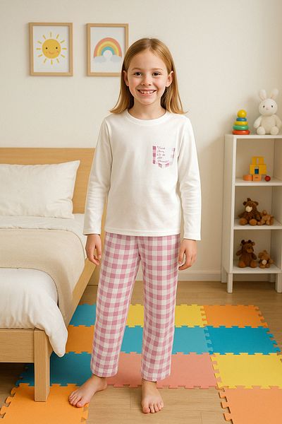 TRENDYOLKIDS طقم بيجامة بناتي مطبوع من إكرو، طقم محبوك من الأسفل إلى الأعلى TKDAW25AU00093
