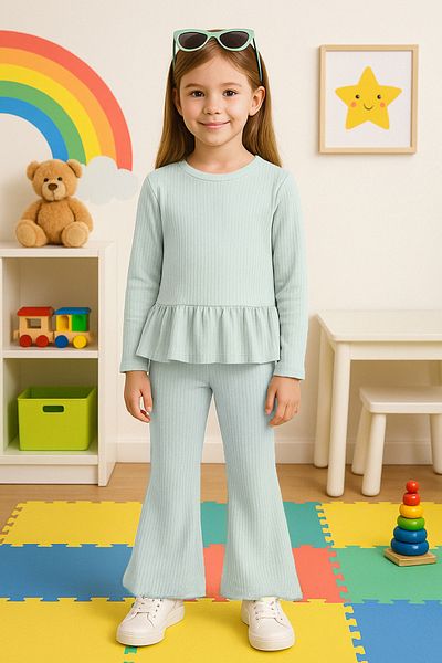 TRENDYOLKIDS Lány menta pamut kötött pulóver és melegítőnadrág szett - TKDAW25AU00051