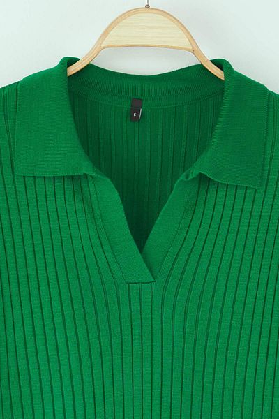 Trendyol Collection Emerald Green Striped Sleeve Detail Polo Collar Knitwear Sweater Twoaw21Kz1113
