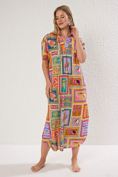 Trendyol Collection Tropical Print Midi Woven 100% Cotton Beach Dress with Pockets and Slit Tbess25El00050