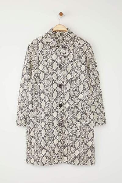 Trendyol Collection Multicolor Snake Print Faux Leather Mono Closure Oversize Long Trench Coat Twoaw26Tr00003