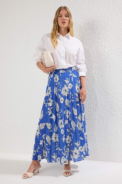 Trendyol Modest Σκούρο μπλε φλοράλ μοτίβο πλισέ υφαντή φούστα με ελαστική μέση TCTSS23EE00018