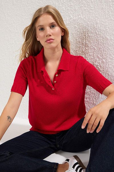 Trendyol Collection Red Brümer Yarn Polo Neck Thin Knitwear Thin Blouse Twoss25Bz00341