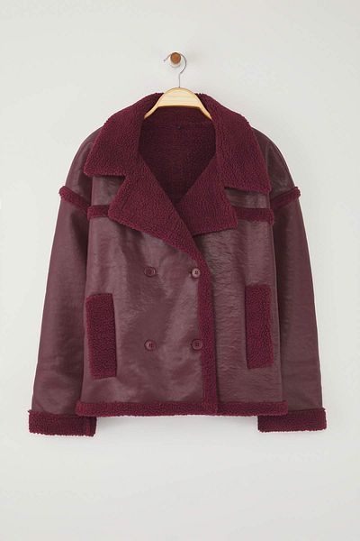 Trendyol Collection Burgundy Plush Detailed Faux Leather Biker Jacket Plus Size Coats Twoaw26Aw00014