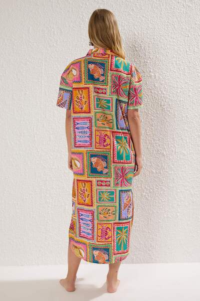 Trendyol Collection Tropical Pattern Woven Slit 100% Cotton Beach Midi Dress Tbess25El00050