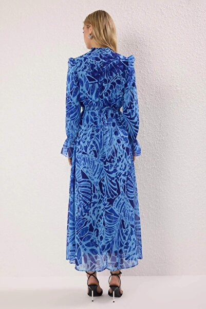 Trendyol Modest Saks Chiffon bélésű szőtt virágos ruha TCTSS25EB00097