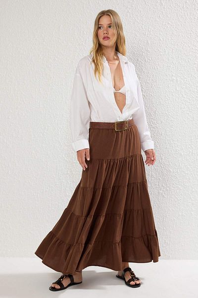 Trendyol Collection Καφέ βαμβακερό υφασμάτινο ύφασμα Maxi μήκους Bohemian υφαντή φούστα TWOSS25ET00029