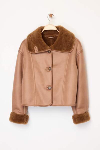 Trendyol Collection Camel Oversize Plush Detailed Suede Coat Twoaw26Mo00073