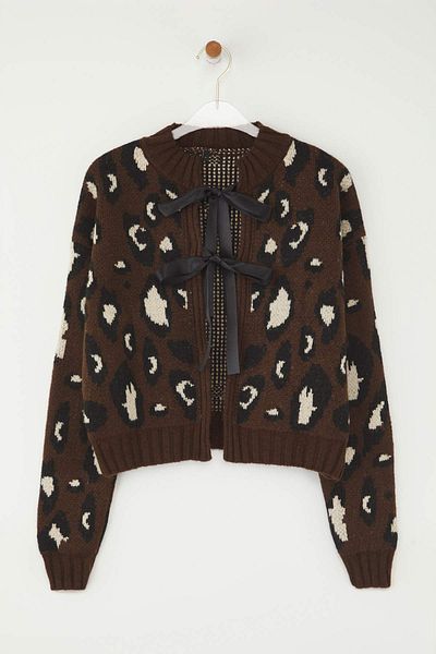Trendyol Collection Brown Leopard Print Crop Soft Textured Knitwear Cardigan Twoaw25Hi00355