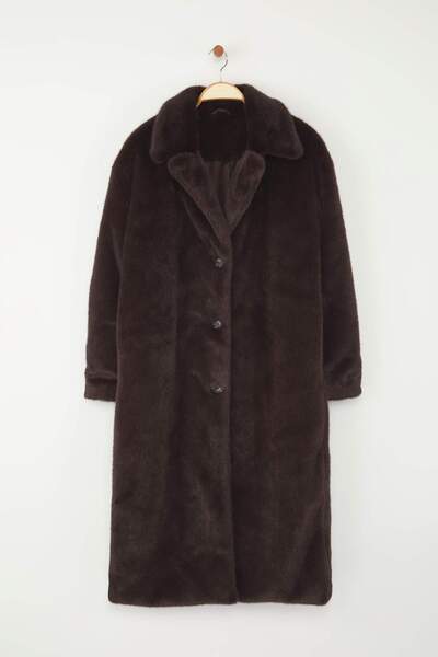 Trendyol Collection Dark Brown Fur Mono Closure Oversize Long Coat Twoaw26Kb00002