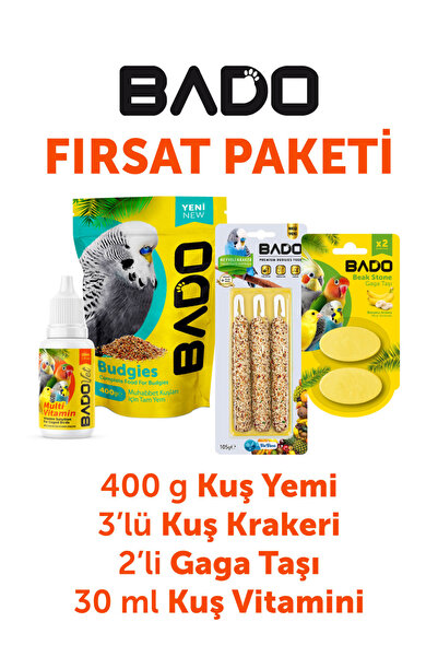 Bado Kuş Tanışma Paketi 4lü(YEM VİTAMİN KRAKER GAGA TAŞI)